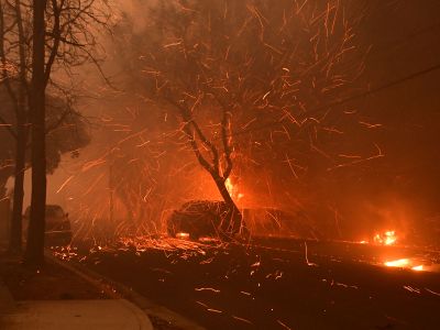 Embers from the Eaton Fire fly down a residential street in Altadena, California, on January 8.