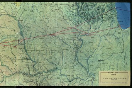 Hal Shelton’s 1949 map of United Air Lines’ Denver-Chicago route.