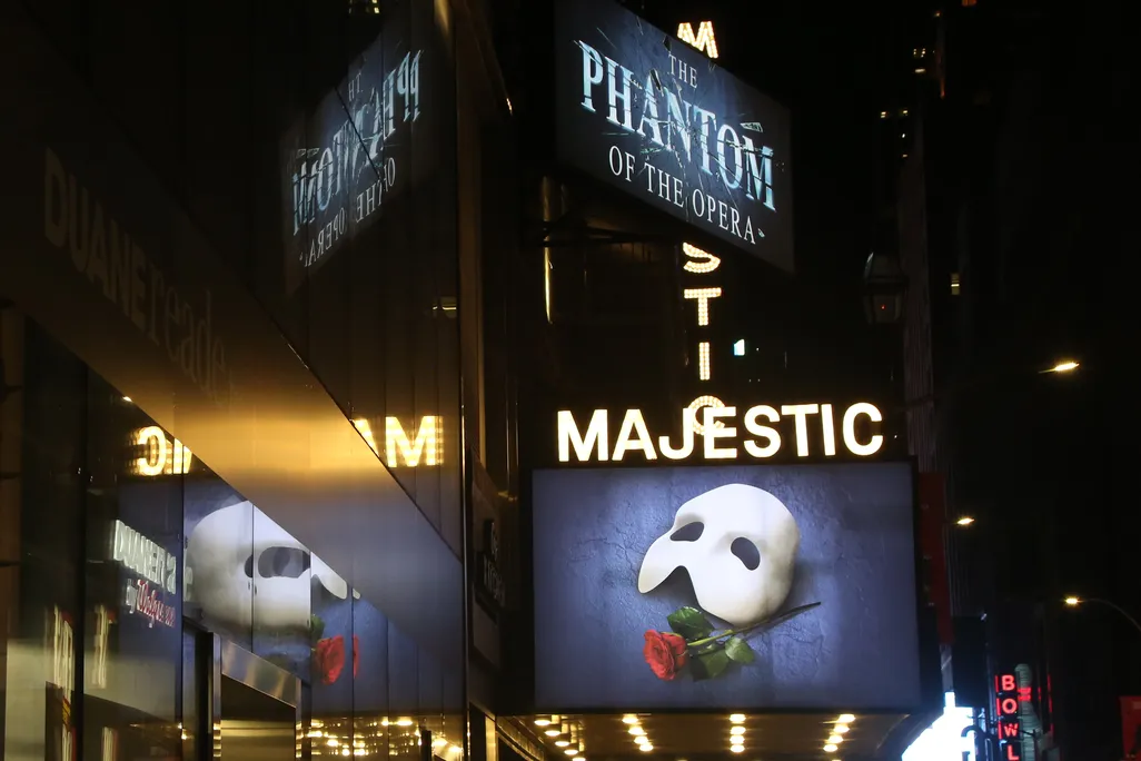 Signage at The 34th Anniversary Performance of Andrew Lloyd Webber's "Phantom of The Opera" on Broadway at The Majestic Theater on January 26, 2022.