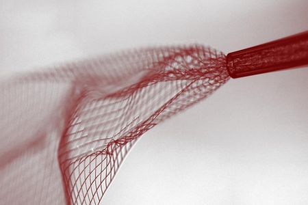 The rolled electronic mesh is injected through a glass needle into a water-based solution.