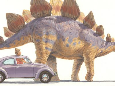 Patrick O'Brien, "Dinosaur and Volkswagen," Gigantic, 1998, oil on canvas - How big is “gigantic?” Patrick O'Brien shares his life-long fascination with the illustrations of prehistoric animals in children's books with a new generation of young readers. Other images in Gigantic compare dinosaurs with modern devices such as monster trucks, cherry pickers and tanks. O’Brien lives in Baltimore, Maryland.