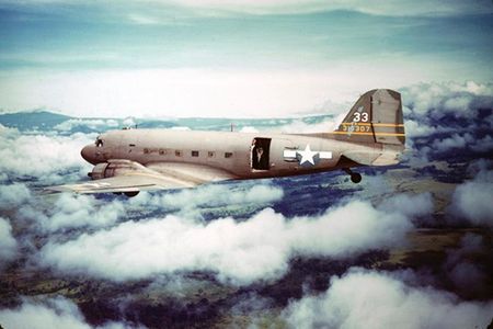 Douglas C-47 Skytrain in flight, Philippines, 1945.