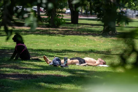 A resident and his dog sunbath at Zilker Park on June 27, 2023 in Austin, Texas.