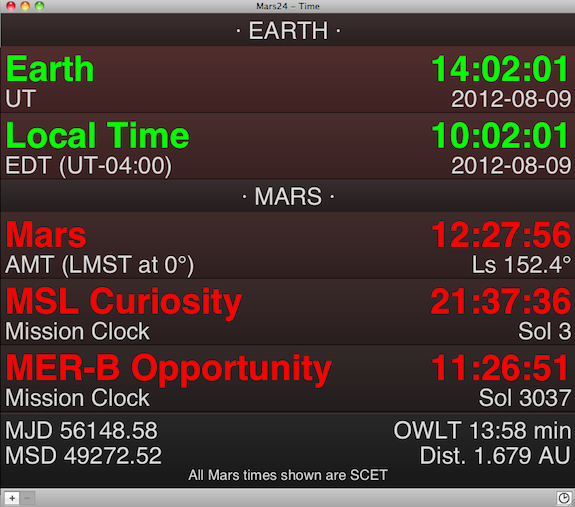 The Mars24 App’s listing of times of various locations on Mars, including the Curiosity and Opportunity Rovers.