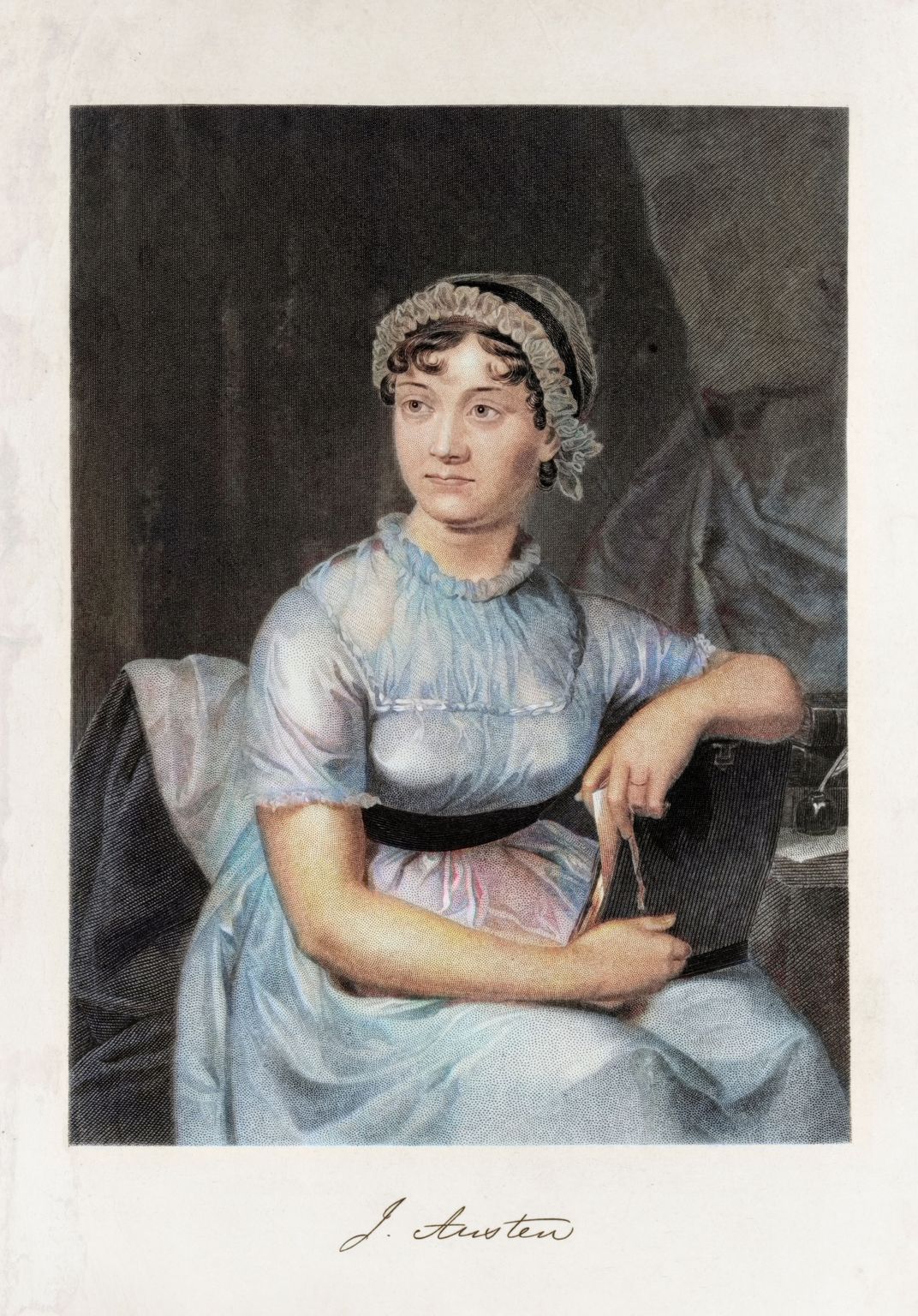 A portrait depicts Jane Austen, the beloved English novelist
