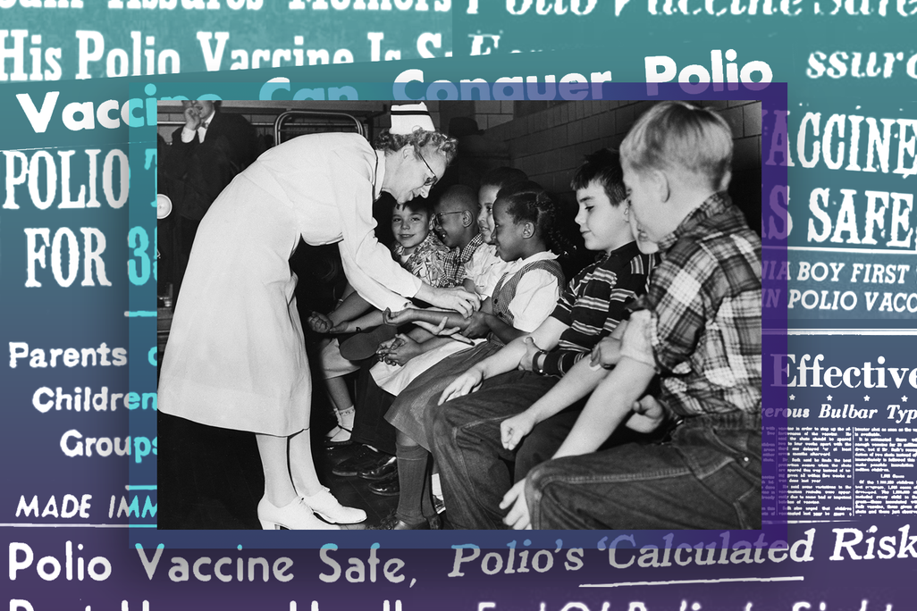 Nurse giving children polio shots in front of collage of headlines about the vaccine