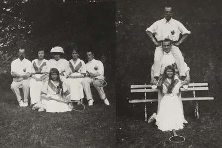 At left, Tatiana, Anastasia and Olga Romanov pose for a photo with their father, Nicholas II, and two members of their retinue. At right, Anastasia kneels at the bottom of a human pyramid topped by the czar.