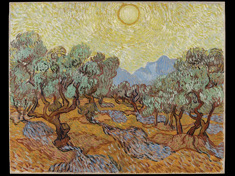an oil painting of olive trees with yellow sky