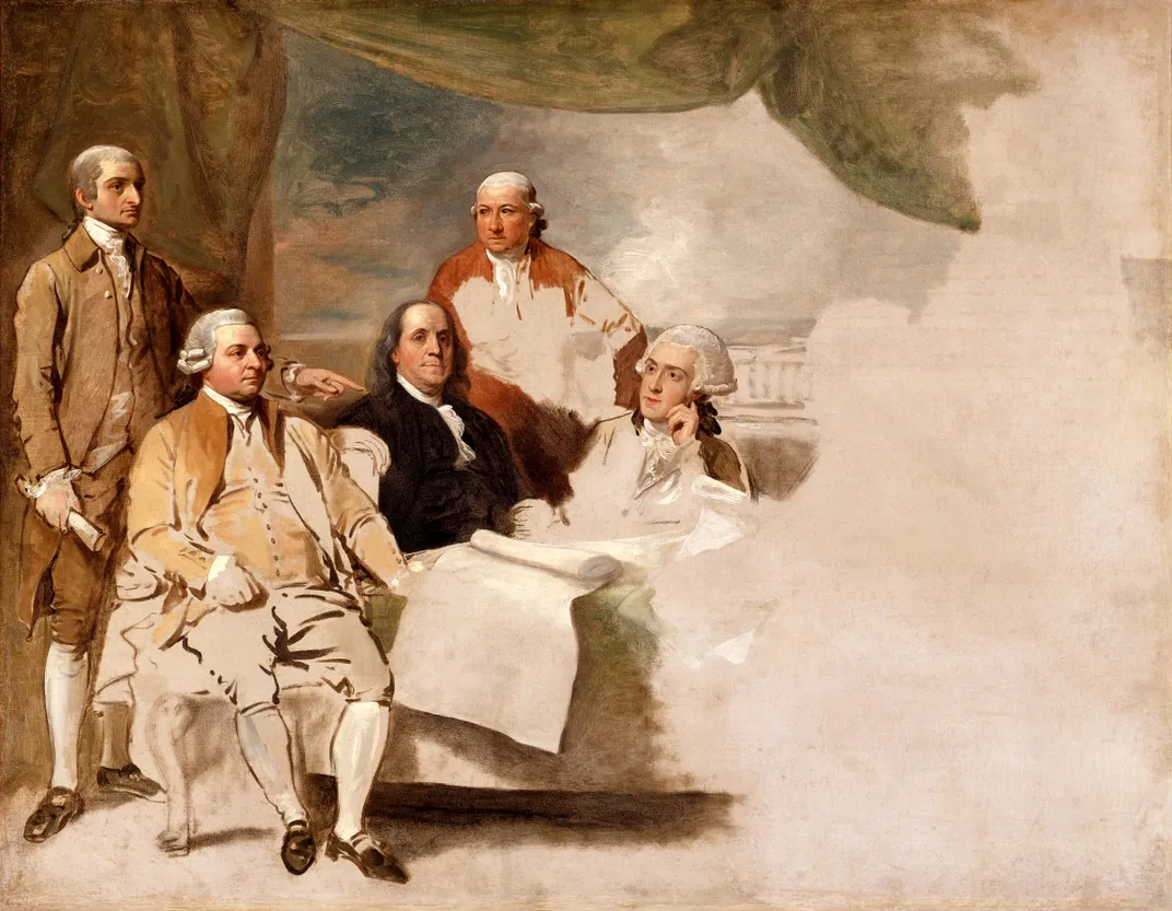 An unfinished painting of the Americans who negotiated for peace with Britain. L to R: John Jay, John Adams, Benjamin Franklin, Henry Laurens and William Temple Franklin