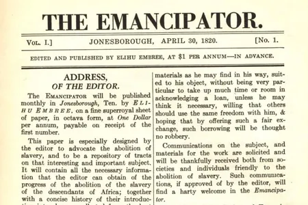 A 1932 facsimile of the first issue of the Emancipator, published on April 30, 1820