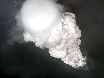 This satellite image shows Bogoslof volcano erupting on May 28, 2017. The eruption began about 18 minutes prior to this image and the cloud rose to an altitude greater than 12 kilometers (40,000 feet) above sea level.