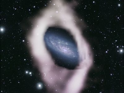 A potential polar ring galaxy called NGC 4632. The composite image combines a capture of the galaxy&#39;s main disk, taken with the Subaru Telescope, with radio wave data of the hydrogen ring, which has been digitally colorized as white.