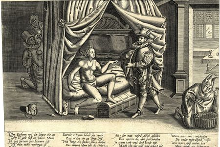 A satirical 16th-century print showing a chastity belt