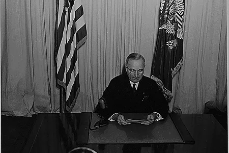 President Harry S. Truman, addressing Americans by radio in 1945.