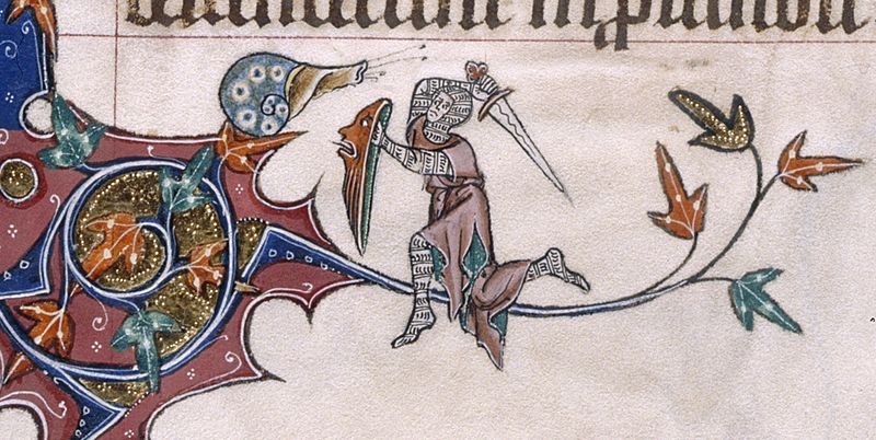 A 14th-century depiction of a knight battling a snail, as illustrated in the margins of the Gorleston Psalter