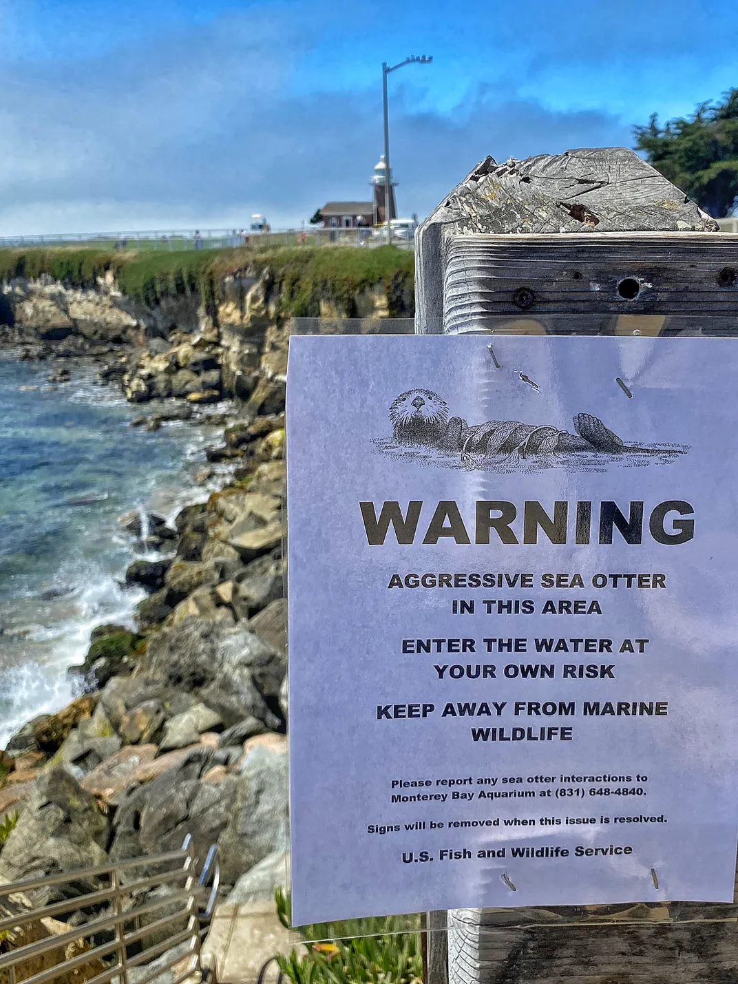 Sign on a post next to beachfront