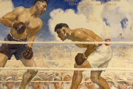 The legendary fight lives in the 1944 painting  Dempsey-Willard Fight (above in detail) by James Montgomery Flagg, capturing the sense of a mass of humanity watching a hard-fought contest.