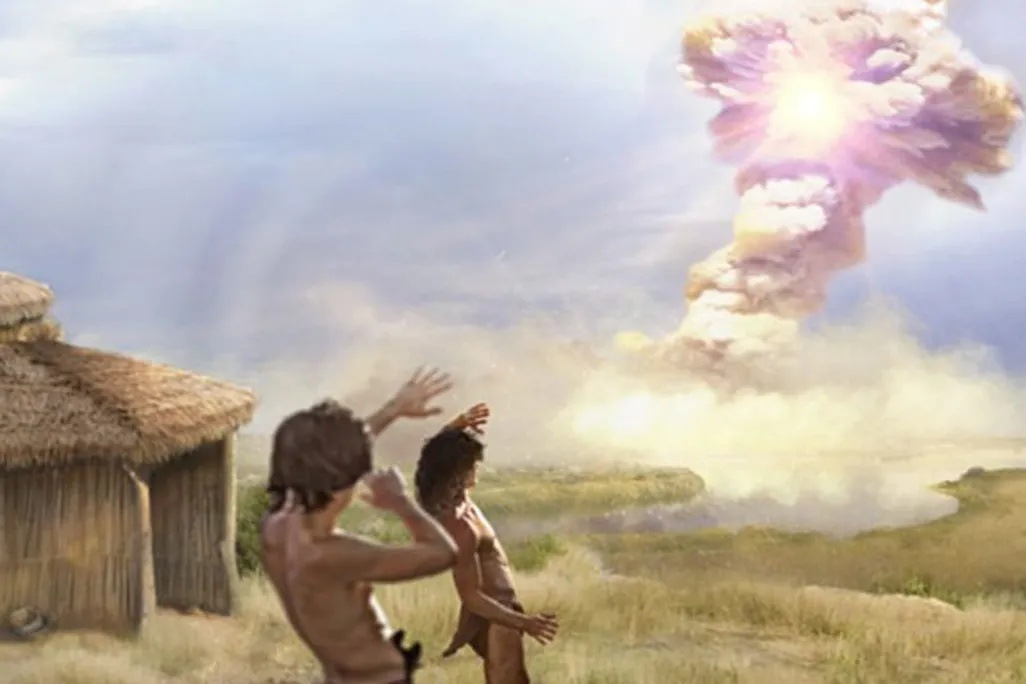 An artist's interpretation of a comet airburst over the village