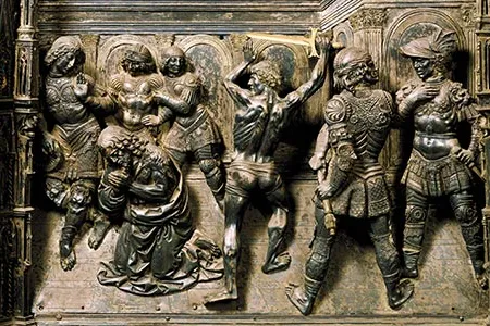 Did artist Verrocchio delegate two figures in his Beheading of St. John the Baptist to his prize pupil Leonardo da Vinci?