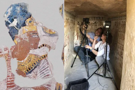 A portrait of the Ramesses II (left) and researchers Philippe Walter and Catherine Defeyt using portable X-ray fluorescence equipment to take measurements (right)