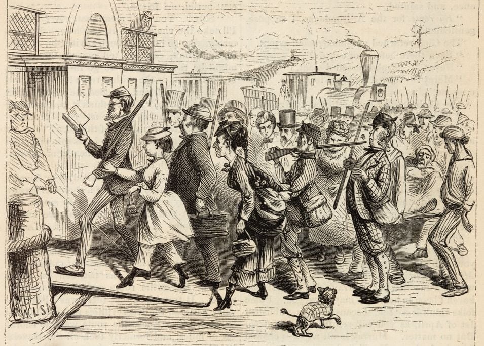 The Rush" lampooned in an 1870 issue of Harper's Magazine
