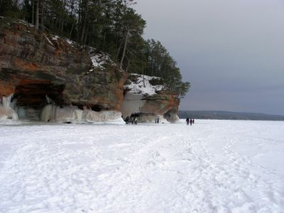 Viewed from Lake Superior, ice caves on Apostle Islands.