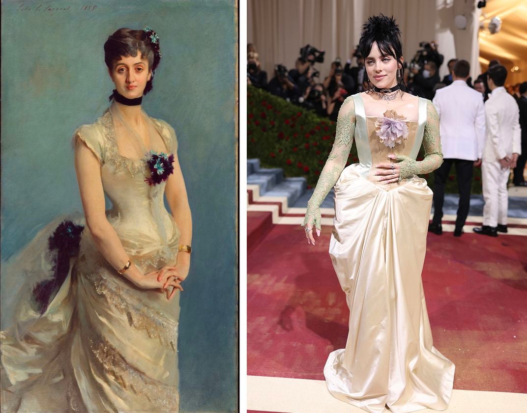 An 1885 portrait of Madame Paul Poirson by American painter John Singer Sargent (left) and the Billie Eilish dress it inspired (right)