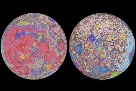 The Unified Geologic Map of the Moon, showing the geology of the Moon’s near side (left) and far side (right). 