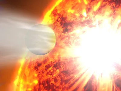 An artist&rsquo;s depiction of HD 189733b encountering an eruption of x-rays from the star it&rsquo;s orbiting