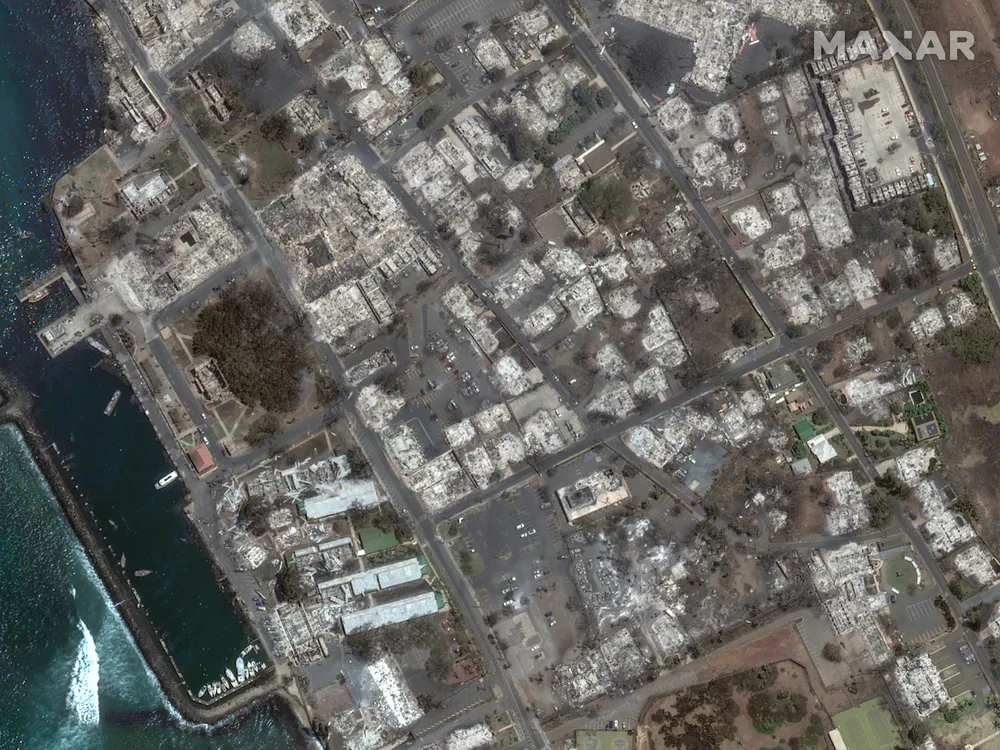 Satellite imagery showing the burned remains of buildings in the town of Lahaina