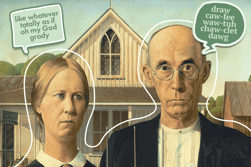 A GIF of Grant Wood's "American Gothic," with the subjects speaking in different dialects