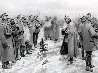 A drawing of the famous Christmas Truce of 1914, when German and British soldiers left their trenches to meet, talk and swap food in no-mans land.
