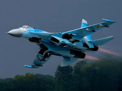 A Ukrainian Sukhoi Su-27 lifts off at a 2017 airshow in the U.K. The Su-27 is Ukraine’s long arm, an offensive fighter with great range and the capacity to carry nearly 10,000 pounds of bombs, rockets, and missiles.