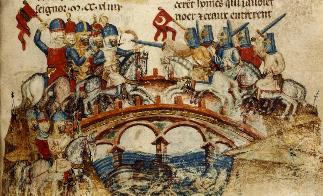 A depiction of the Battle of Mohi, which took place during the Mongols' invasion of Hungary in 1241