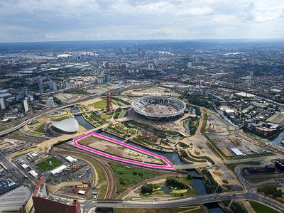 An aerial view shows the location of the culture and university district, a 4.5-acre triangular site, near the London Aquatics Centre, the former Olympic Stadium and the ArcelorMittal Orbit sculpture and observation tower.