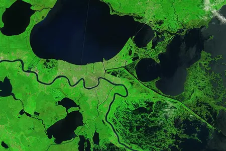 Ten years on, some of the scars that Katrina tore into coastal ecosystems persist, while others have healed. NASA's Landsat 8 satellite captured this image of the swamps and marshes that buffer New Orleans in August 2015.