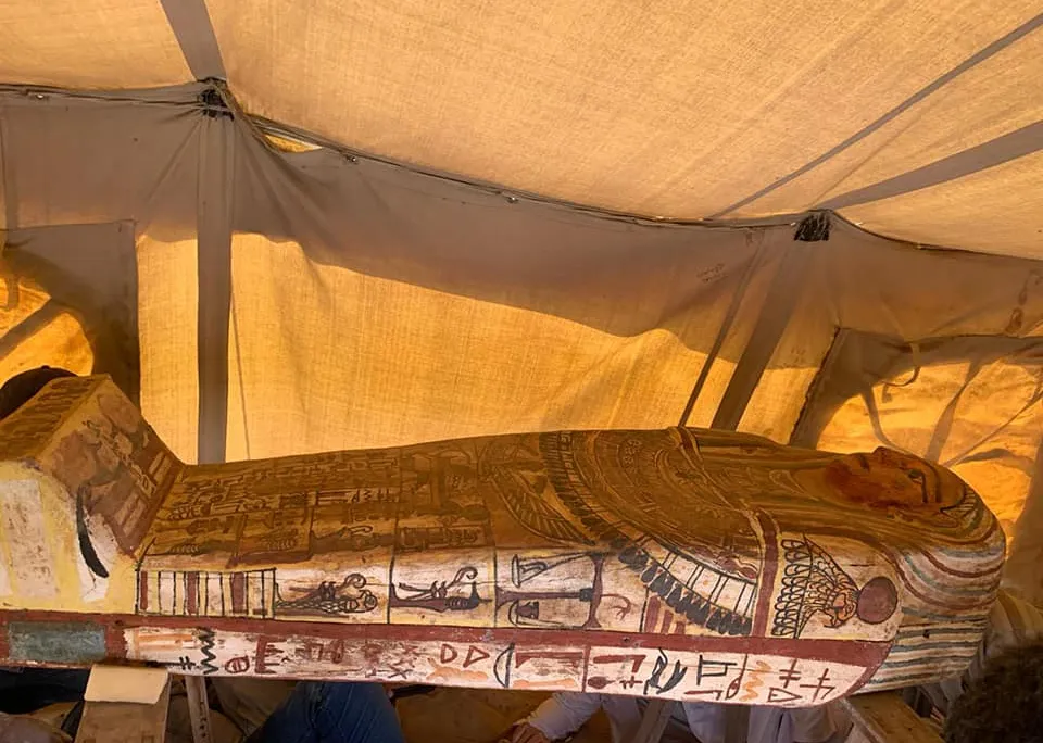 One of the 14 newly unearthed coffins