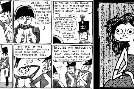 In 2007, cartoonist Kate Beaton, pictured on the right in a self-portrait, launched her webcomic "Hark! A Vagrant," which features spoofs on historical and literary characters.