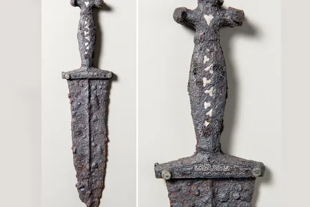 Inlaid with silver and brass, the ancient Roman dagger is in remarkably good condition.