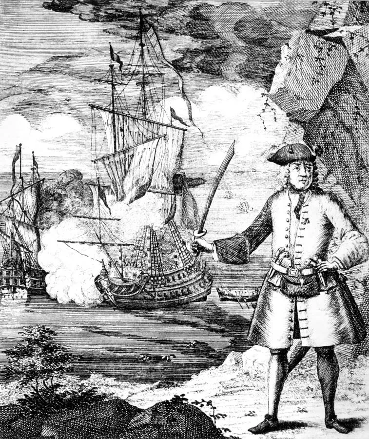 An 18th-century depiction of Avery, with the Fancy ​​​​​​​shown in the background