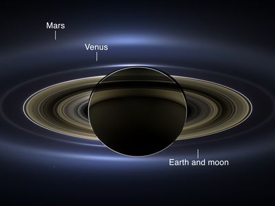 The solar system beckons: Cassini spacecraft view of Saturn, looking back toward the inner planets