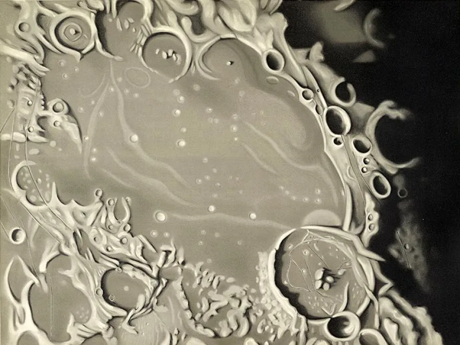 A pastel drawing of a portion of the Moon’s gray surface. Sections of the surface are smooth and flat, while other parts contain ridges and craters.