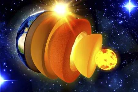 An artist's rendition of a cross-section of Earth. The innermost layer, the inner core, is a 1,500-mile-wide ball of iron.
