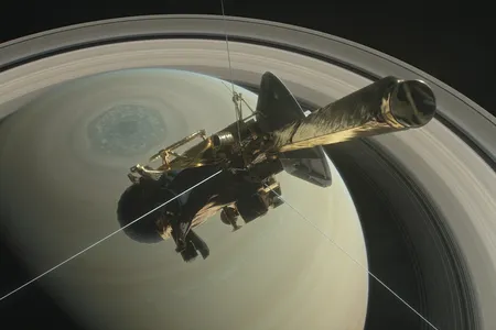 An artist's rendering imagines what Cassini must have looked like as it headed on the first of a series of orbits between Saturn and its rings. 