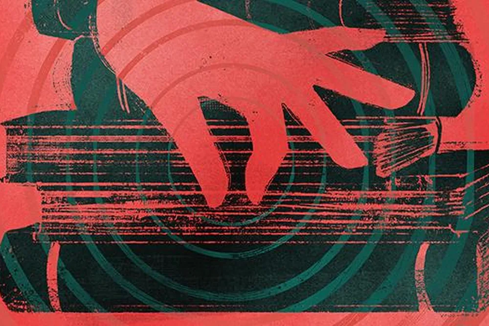 hand pinching book illustration
