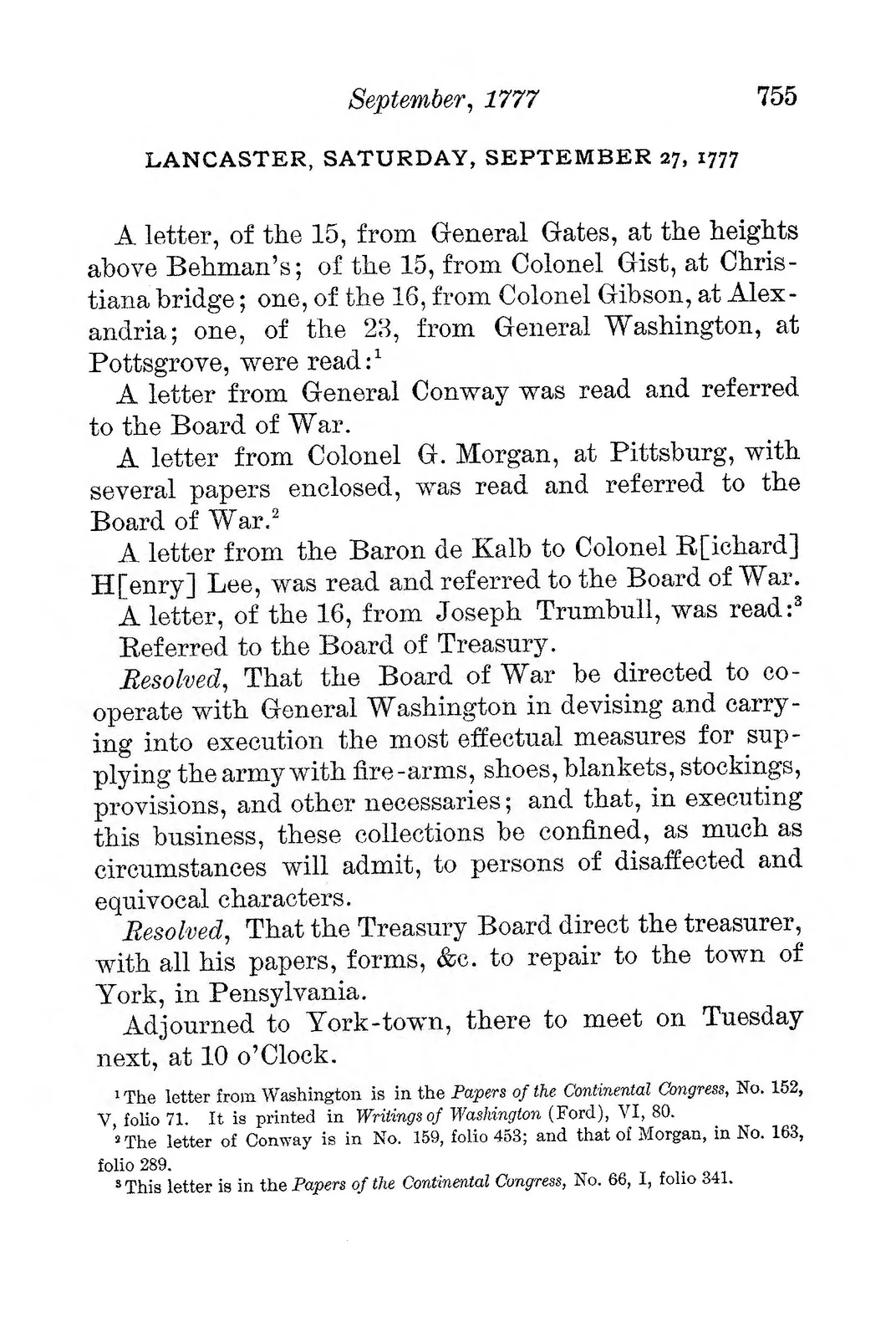 The official record of the Congress' September 27, 1777, session in Lancaster
