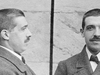 Mug shots of Charles Ponzi, Boston financial wizard, taken during his arrest for forgery under the name of Charles Bianchi.
