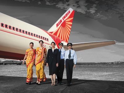 Harpreet De Singh (center) and pilots Kshamta Bajpai and Sunita Narula (with two flight attendants, left) are part of a growing contingent of women in high places at Air India.