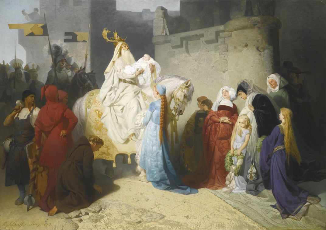 A painting of Merlin presenting the future King Arthur