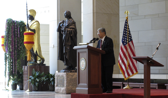 The Honorable Senator Daniel Kahikina Akaka speaking during the lei-draping ceremony to commemorate King Kamehameha Day. June 7, 2009, the U.S. Capitol Visitors’ Center Emancipation Hall, Washington, D.C. (Courtesy of the U.S. Senate)